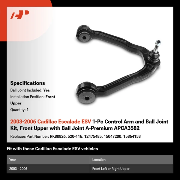 2003-2006 Cadillac Escalade ESV 1-Pc Control Arm and Ball Joint Kit, Front Upper with Ball Joint A-Premium APCA3582