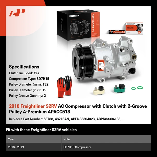 2018 Freightliner S2RV AC Compressor with Clutch with 2-Groove Pulley A-Premium APACC513