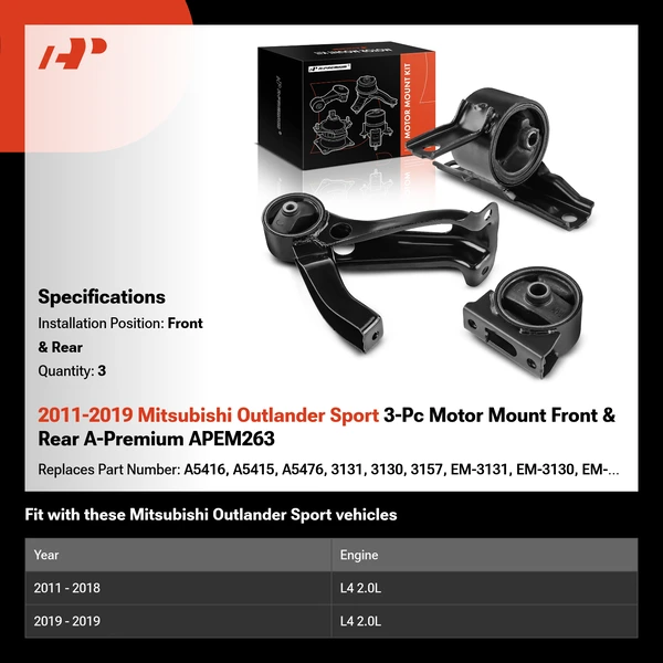 2011-2019 Mitsubishi Outlander Sport 3-Pc Motor Mount Front & Rear A-Premium APEM263