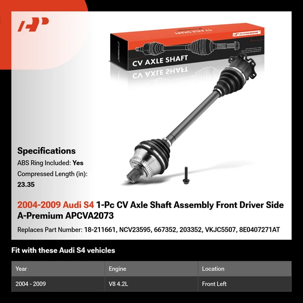 2004-2009 Audi S4 1-Pc CV Axle Shaft Assembly Front Driver Side A-Premium APCVA2073