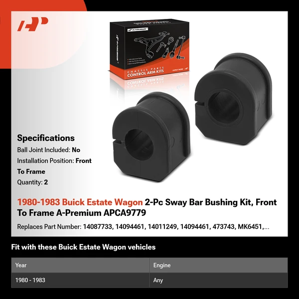 1980-1983 Buick Estate Wagon 2-Pc Sway Bar Bushing Kit, Front To Frame A-Premium APCA9779