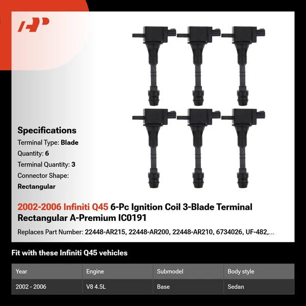 2002-2006 Infiniti Q45 6-Pc Ignition Coil 3-Blade Terminal Rectangular A-Premium IC0191