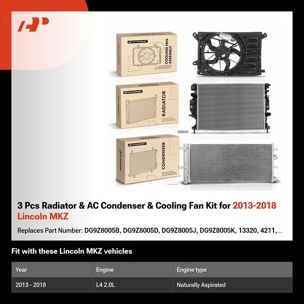 3 Pcs Radiator & AC Condenser & Cooling Fan Kit for 2013-2018 Lincoln MKZ
