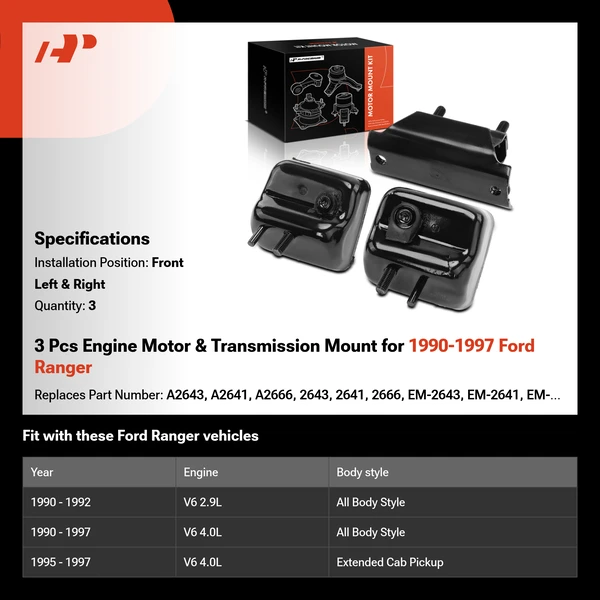 3 Pcs Engine Motor & Transmission Mount for 1990-1997 Ford Ranger