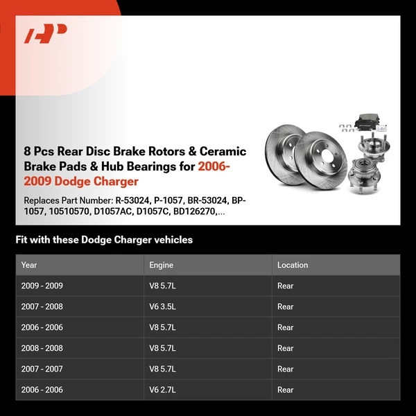 8 Pcs Rear Disc Brake Rotors & Ceramic Brake Pads & Hub Bearings for 2006-2009 Dodge Charger