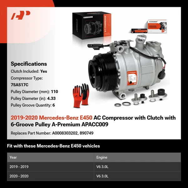 2019-2020 Mercedes-Benz E450 AC Compressor with Clutch with 6-Groove Pulley A-Premium APACC009