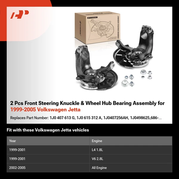 2 Pcs Front Steering Knuckle & Wheel Hub Bearing Assembly for 1999-2005 Volkswagen Jetta