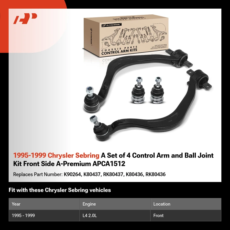 1995-1999 Chrysler Sebring A Set of 4 Control Arm and Ball Joint Kit Front Side A-Premium APCA1512
