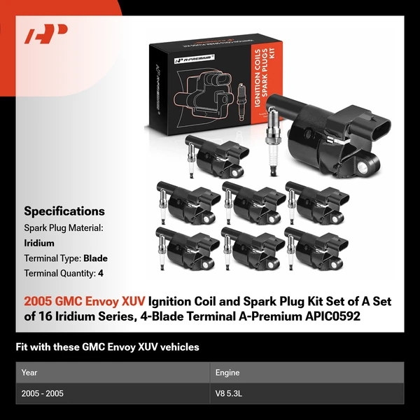 2005 GMC Envoy XUV Ignition Coil and Spark Plug Kit Set of A Set of 16 Iridium Series, 4-Blade Terminal A-Premium APIC0592