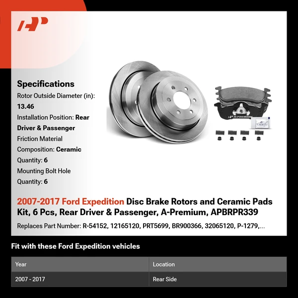 2007-2017 Ford Expedition Disc Brake Rotors and Ceramic Pads Kit, 6 Pcs, Rear Driver & Passenger, A-Premium, APBRPR339