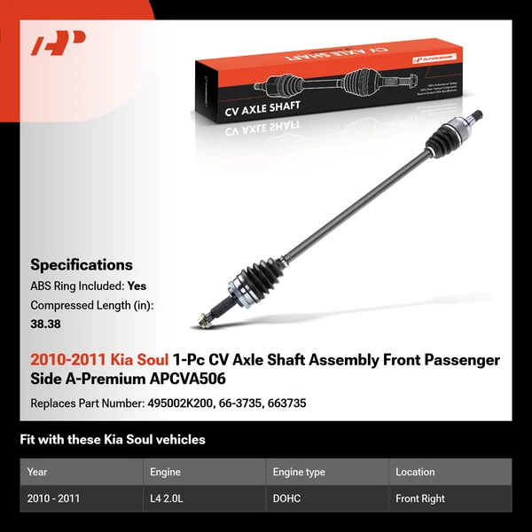 2010-2011 Kia Soul 1-Pc CV Axle Shaft Assembly Front Passenger Side A-Premium APCVA506