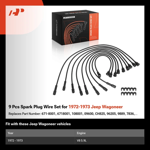 9 Pcs Spark Plug Wire Set for 1972-1973 Jeep Wagoneer