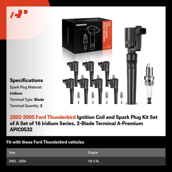 2002-2005 Ford Thunderbird Ignition Coil and Spark Plug Kit Set of A Set of 16 Iridium Series, 2-Blade Terminal A-Premium APIC0532
