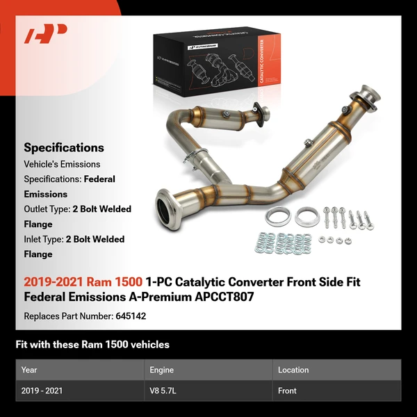 2019-2021 Ram 1500 1-PC Catalytic Converter Front Side Fit Federal Emissions A-Premium APCCT807