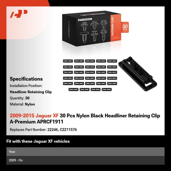 2009-2015 Jaguar XF 30 Pcs Nylon Black Headliner Retaining Clip A-Premium APRCF1911