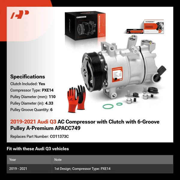 2019-2021 Audi Q3 AC Compressor with Clutch with 6-Groove Pulley A-Premium APACC749