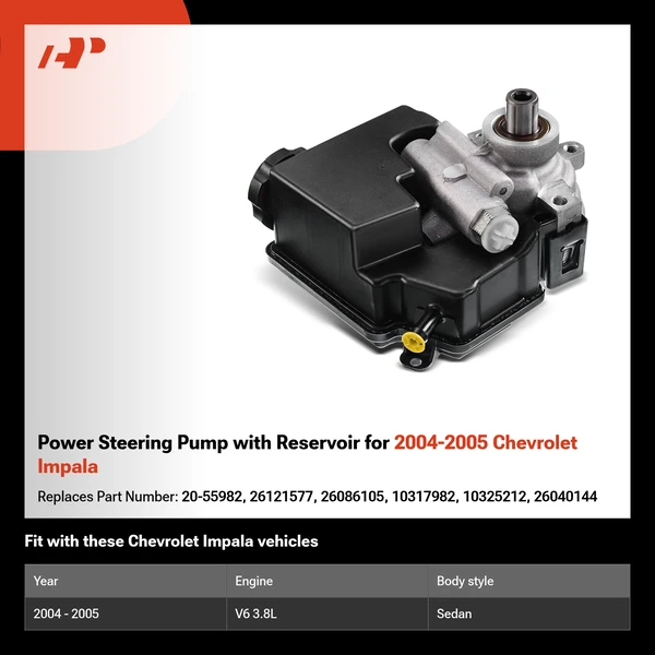 Power Steering Pump with Reservoir for 2004-2005 Chevrolet Impala