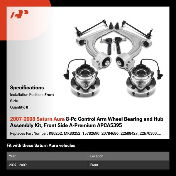 2007-2008 Saturn Aura 8-Pc Control Arm Wheel Bearing and Hub Assembly Kit, Front Side A-Premium APCA5395