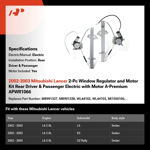 2002-2003 Mitsubishi Lancer 2-Pc Window Regulator and Motor Kit Rear Driver & Passenger Electric with Motor A-Premium APWR1066