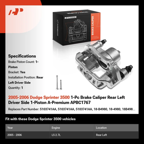 2005-2006 Dodge Sprinter 3500 1-Pc Brake Caliper Rear Left Driver Side 1-Piston A-Premium APBC1767