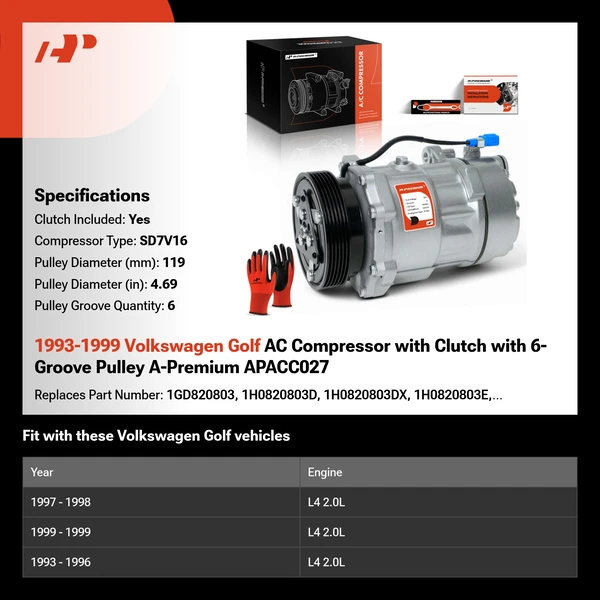 1993-1999 Volkswagen Golf AC Compressor with Clutch with 6-Groove Pulley A-Premium APACC027