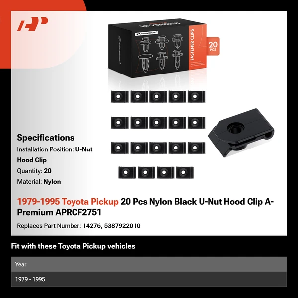 1979-1995 Toyota Pickup 20 Pcs Nylon Black U-Nut Hood Clip A-Premium APRCF2751