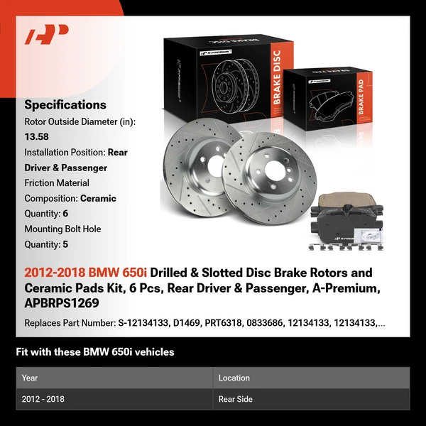 2012-2018 BMW 650i Drilled & Slotted Disc Brake Rotors and Ceramic Pads Kit, 6 Pcs, Rear Driver & Passenger, A-Premium, APBRPS1269