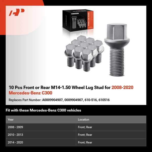 10 Pcs Front or Rear M14-1.50 Wheel Lug Stud for 2008-2020 Mercedes-Benz C300