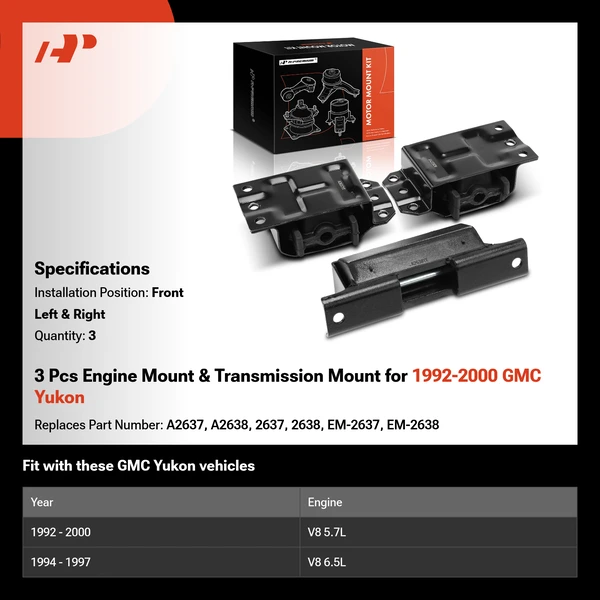 3 Pcs Engine Mount & Transmission Mount for 1992-2000 GMC Yukon