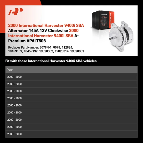 2000 International Harvester 9400i SBA Alternator 145A 12V Clockwise 2000 International Harvester 9400i SBA A-Premium APALT506