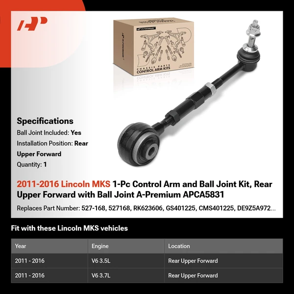 2011-2016 Lincoln MKS 1-Pc Control Arm and Ball Joint Kit, Rear Upper Forward with Ball Joint A-Premium APCA5831