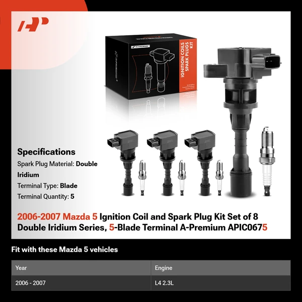 2006-2007 Mazda 5 Ignition Coil and Spark Plug Kit Set of 8 Double Iridium Series, 5-Blade Terminal A-Premium APIC0675
