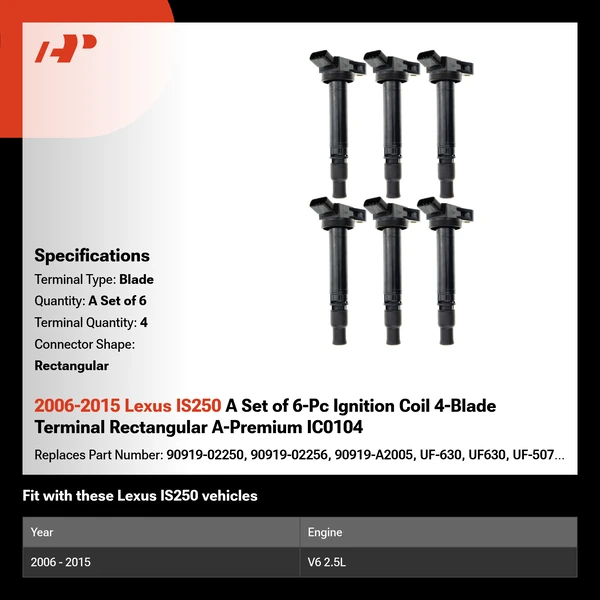 2006-2015 Lexus IS250 A Set of 6-Pc Ignition Coil 4-Blade Terminal Rectangular A-Premium IC0104