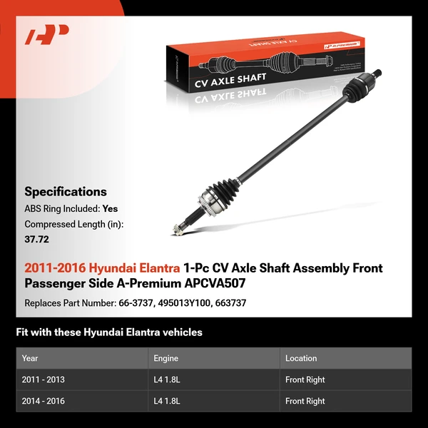 2011-2016 Hyundai Elantra 1-Pc CV Axle Shaft Assembly Front Passenger Side A-Premium APCVA507