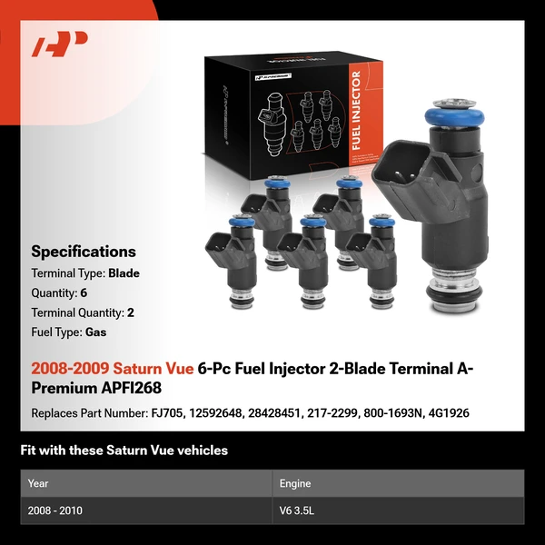 2008-2009 Saturn Vue 6-Pc Fuel Injector 2-Blade Terminal A-Premium APFI268
