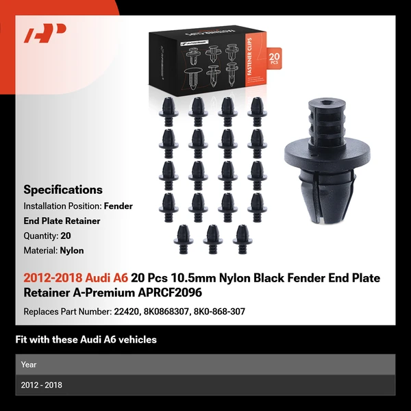 2012-2018 Audi A6 20 Pcs 10.5mm Nylon Black Fender End Plate Retainer A-Premium APRCF2096