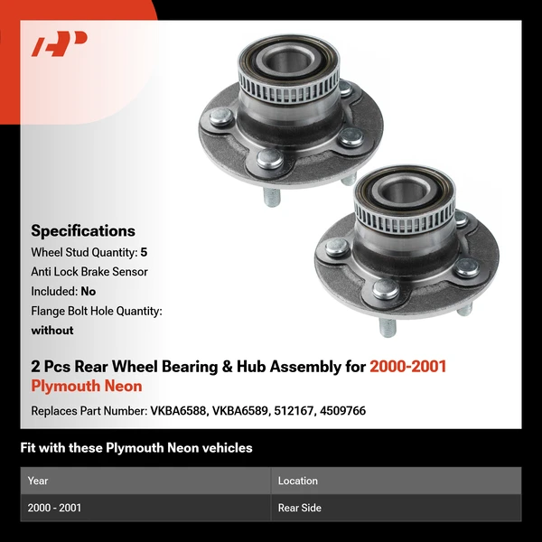 2 Pcs Rear Wheel Bearing & Hub Assembly for 2000-2001 Plymouth Neon