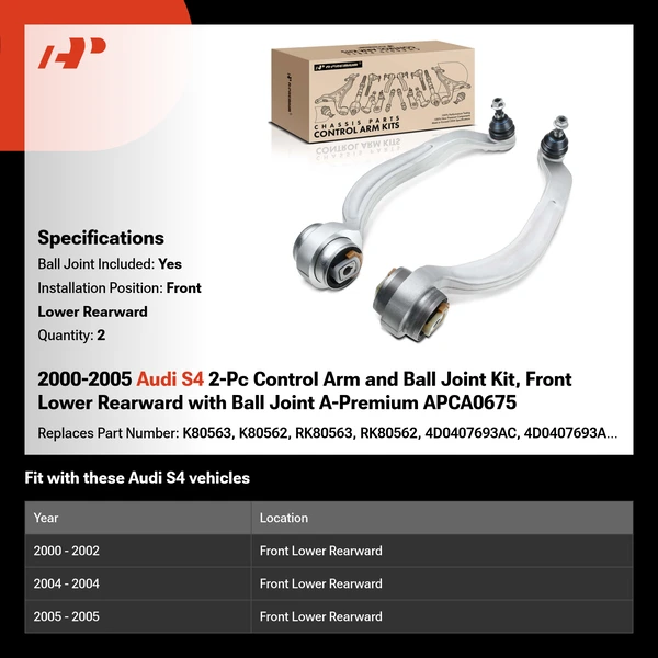 2000-2005 Audi S4 2-Pc Control Arm and Ball Joint Kit, Front Lower Rearward with Ball Joint A-Premium APCA0675