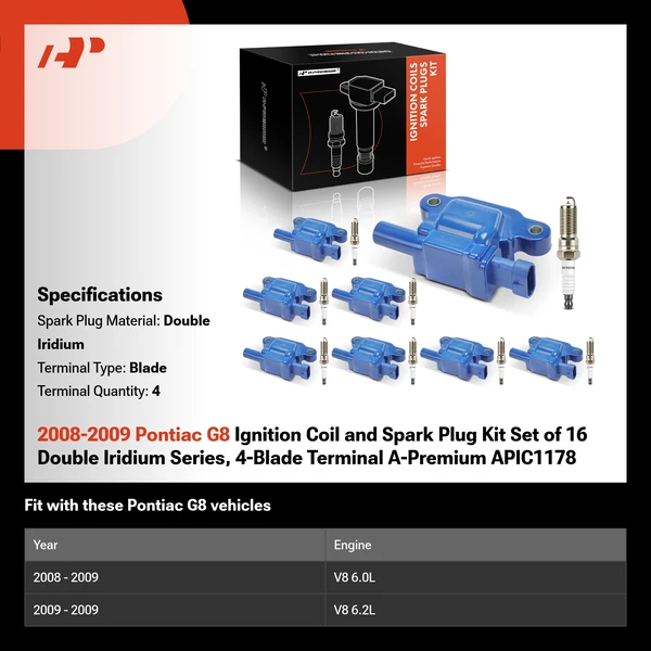 2008-2009 Pontiac G8 Ignition Coil and Spark Plug Kit Set of 16 Double Iridium Series, 4-Blade Terminal A-Premium APIC1178