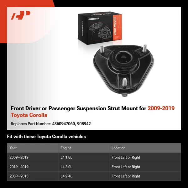 Front Driver or Passenger Suspension Strut Mount for 2009-2019 Toyota Corolla