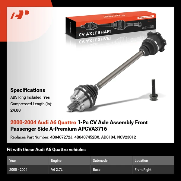 2000-2004 Audi A6 Quattro 1-Pc CV Axle Assembly Front Passenger Side A-Premium APCVA3716