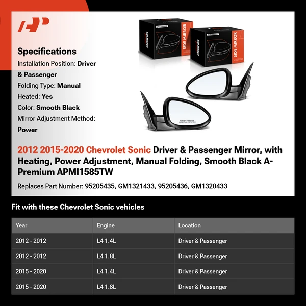 2012 2015-2020 Chevrolet Sonic Driver & Passenger Mirror, with Heating, Power Adjustment, Manual Folding, Smooth Black A-Premium APMI1585TW