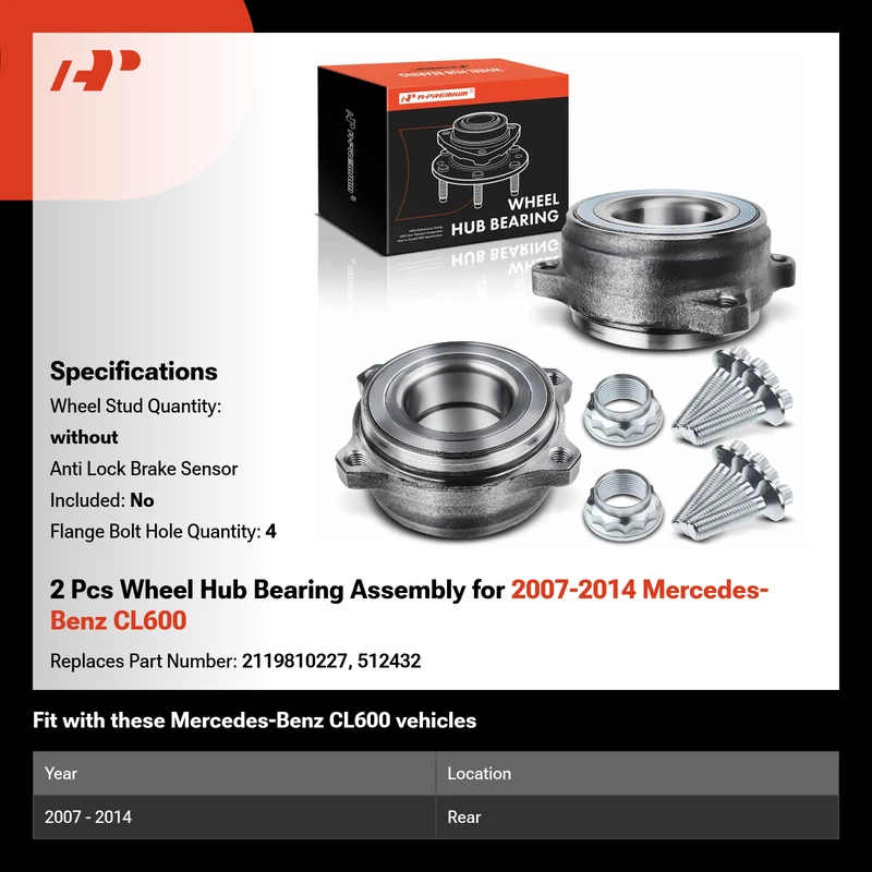 2 Pcs Wheel Hub Bearing Assembly for 2007-2014 Mercedes-Benz CL600