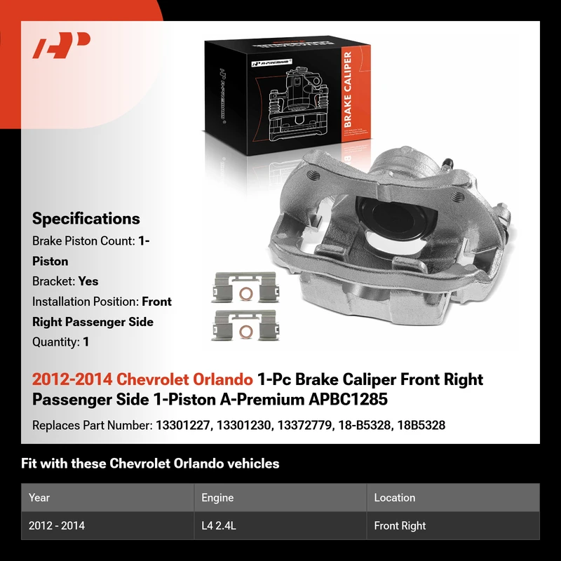 2012-2014 Chevrolet Orlando 1-Pc Brake Caliper Front Right Passenger Side 1-Piston A-Premium APBC1285