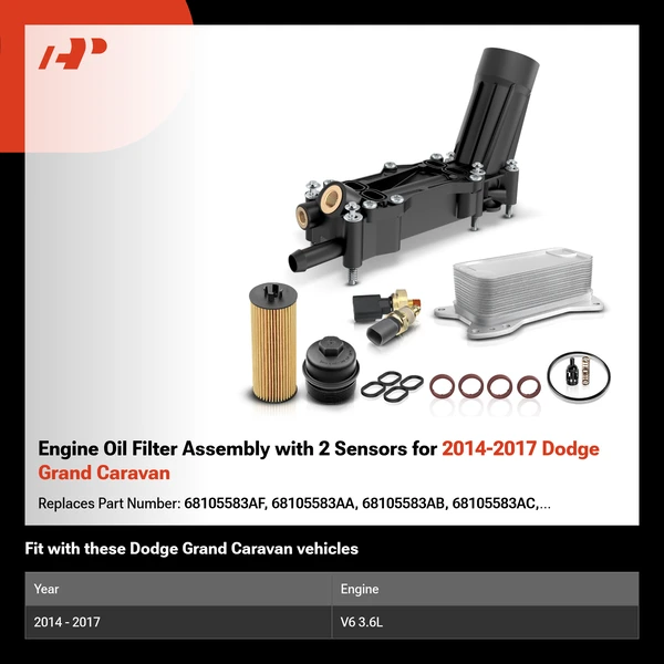 Engine Oil Filter Assembly with 2 Sensors for 2014-2017 Dodge Grand Caravan