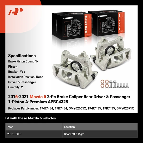 2016-2021 Mazda 6 2-Pc Brake Caliper Rear Driver & Passenger 1-Piston A-Premium APBC4328