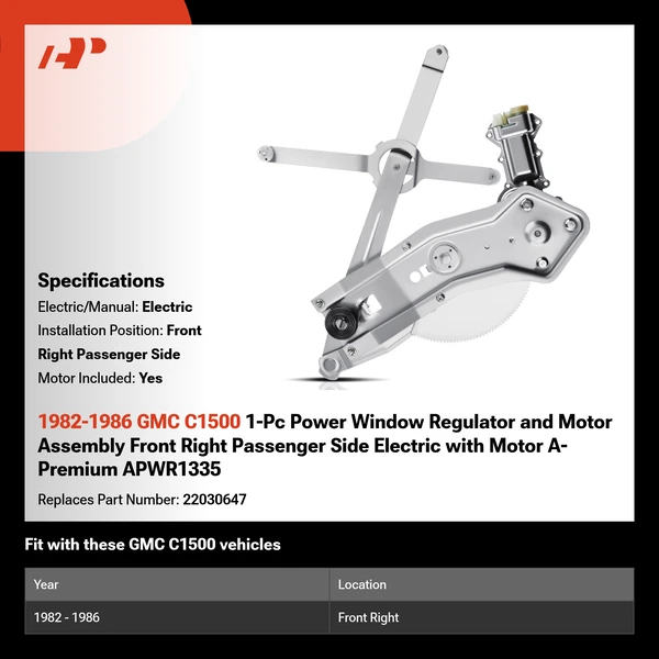 1982-1986 GMC C1500 1-Pc Power Window Regulator and Motor Assembly Front Right Passenger Side Electric with Motor A-Premium APWR1335