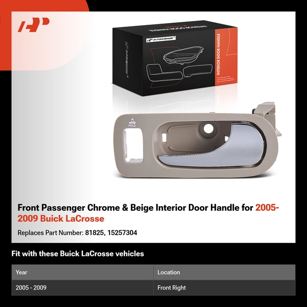 Front Passenger Chrome & Beige Interior Door Handle for 2005-2009 Buick LaCrosse