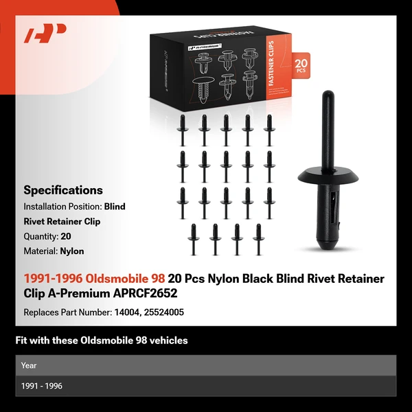 1991-1996 Oldsmobile 98 20 Pcs Nylon Black Blind Rivet Retainer Clip A-Premium APRCF2652