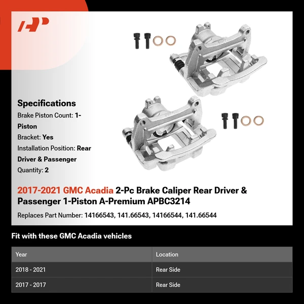 2017-2021 GMC Acadia 2-Pc Brake Caliper Rear Driver & Passenger 1-Piston A-Premium APBC3214